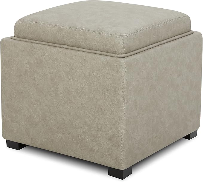 CHITA Storage Ottoman Cube with Tray Lid, Small Footstool with Storage, Square End Table for Living Room and Bedroom, Faux Leather in Stone Gray