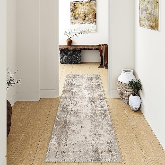 2x10 Washable Runner Rug Brown Grey Abstract Hallway Kitchen Throw Rug Neutral Modern Non Slip Soft Low Pile Carpet for Bathroom Laundry Bedroom Living Room