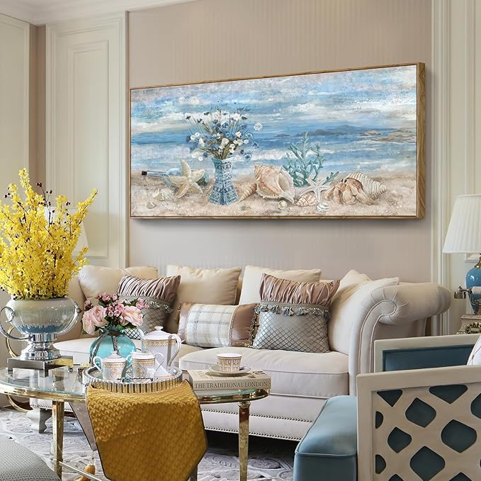 Nicetop Extra Large Framed Canvas Wall Art for Living Room Blue Ocean Theme Seascape Painting Beach Daisy Flower in Vase Coastal Landscape Calm Seaside Artwork for Sea Lake Bedroom Office 32x71inch