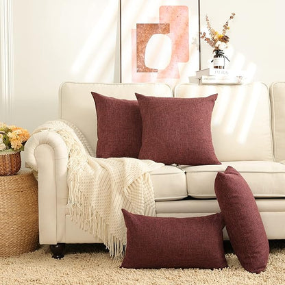 Stellhome Burlap Large Throw Pillow Covers Textured Farmhouse Linen Pillowcase for Bed Couch Sofa Bench Rustic Pillows Neutral Accent Cushion Cases Set of 2, 24 x 24 inch (60 x 60 cm), Burgundy