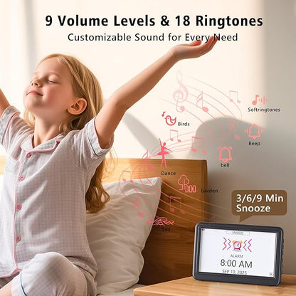 Rechargeable Digital Calendar Alarm Clocks for Senior, 7" Clock with Day and Date for Elderly, 20 Reminders & Alarms, Auto Dimmer/DST, 12 Themes, 18 Ringtones for Dementia Memory Loss, 1024*600 HD