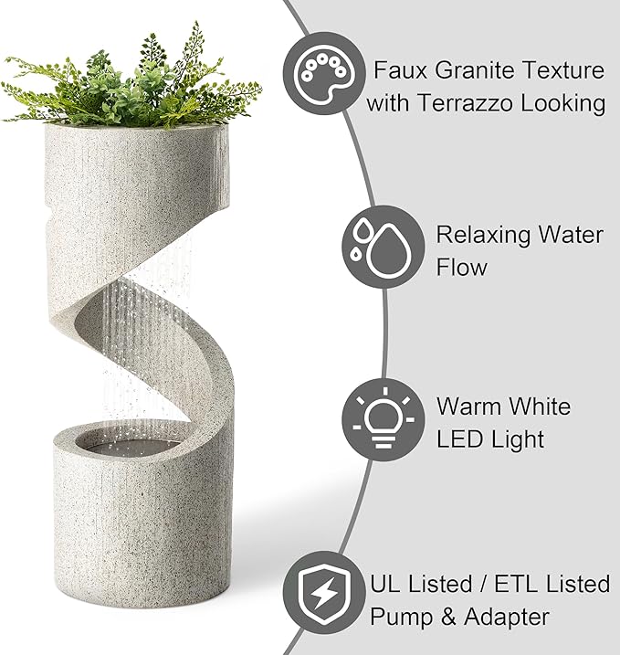 Glitzhome Decorative Tiered Outdoor Water Fountain with LED Light, Curved Waterfall Fountain with Stone Planter, Faux Terrazzo Spiral Shaped Fountains for Garden Deck Patio Porch, 31.25”H