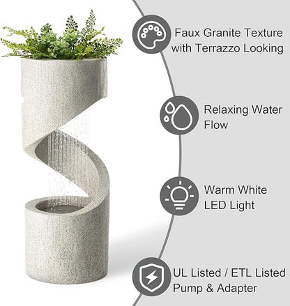 Glitzhome Decorative Tiered Outdoor Water Fountain with LED Light, Curved Waterfall Fountain with Stone Planter, Faux Terrazzo Spiral Shaped Fountains for Garden Deck Patio Porch, 31.25”H