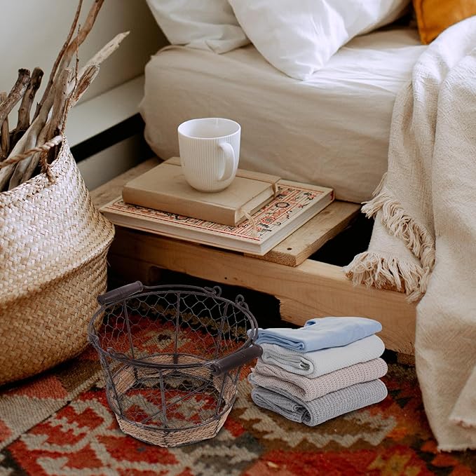 Iron Wire Woven Small round Storage Basket, Metal Organizer Basket for Kitchen Countertop, Fruit and Bread Holder for Home Storage and Table Serving