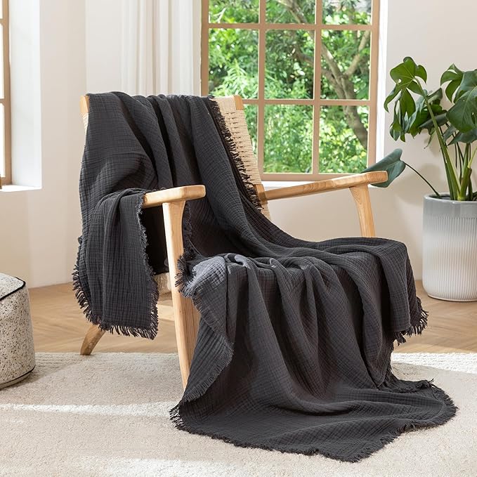 MooMee Muslin Blanket - 100% Cotton 4-Layer Gauze Throw Blanket with All-Around Fringe, Ultra-Soft Breathable Lightweight Cooling Decorative for Bed, Sofa & Couch (Dark Grey,Throw 60" x 50")