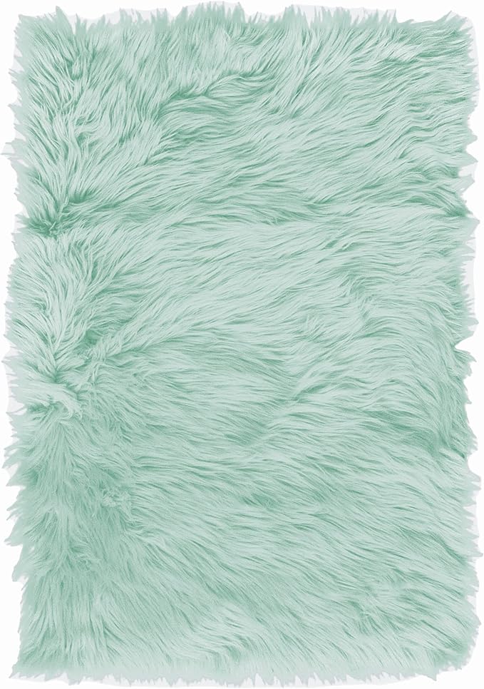 2 x 3 ft Fluffy Mint Green Rug – Soft Faux Fur Rug for Bedroom, Living Room, or Entryway – Cozy Faux Sheepskin Accent for Home Decor
