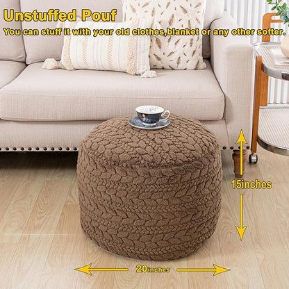 Unstuffed Ottoman Pouf Cover – Round Faux Fur Footstool Plush Floor Pouf (No Filler Included) Perfect for Living Room, Bedroom, or Office Lounge (Coffee, 20x20x15 in)