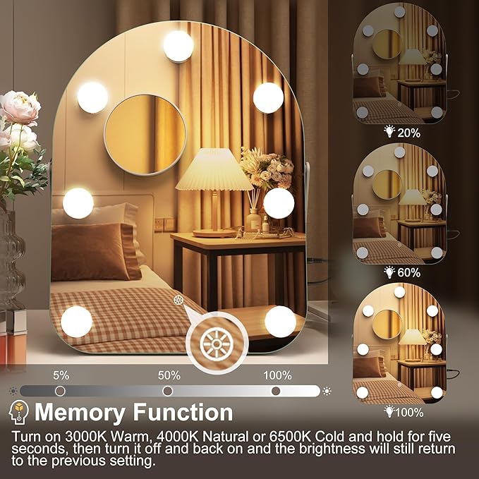 STARLEAD 11"× 14.5" Makeup Mirror with Lights and 10X Magnification, 3-Color Dimmable LED Lighting & Touch Control, 360°Rotation for Travel/Dressing Room, Arched & Bulb