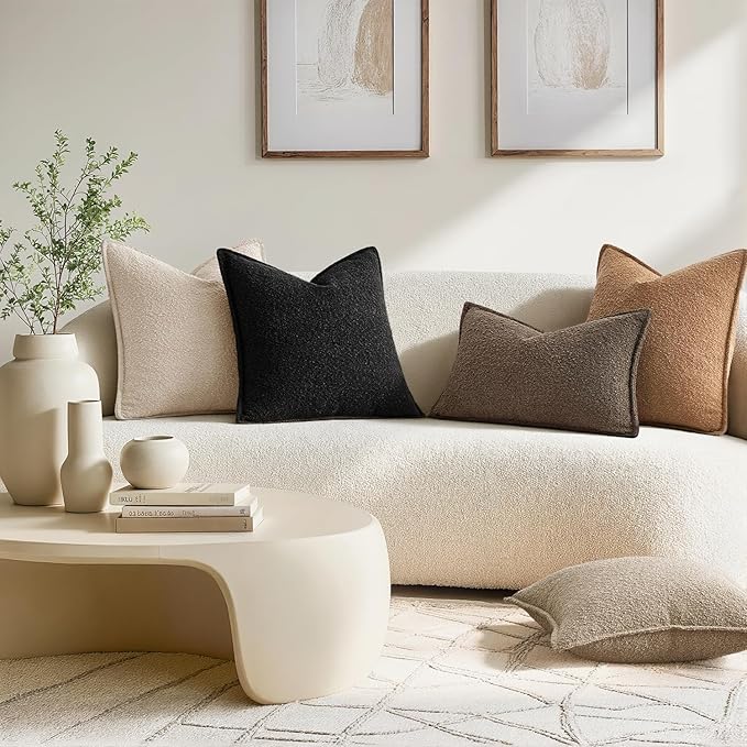 MIULEE Pack of 2 Decorative Textured Boucle Throw Pillow Covers 18x18 Inch Black Broadside Thick Boho Pillows for Farmhouse Accents Sofa Couch Bedroom Living Room Home Decor