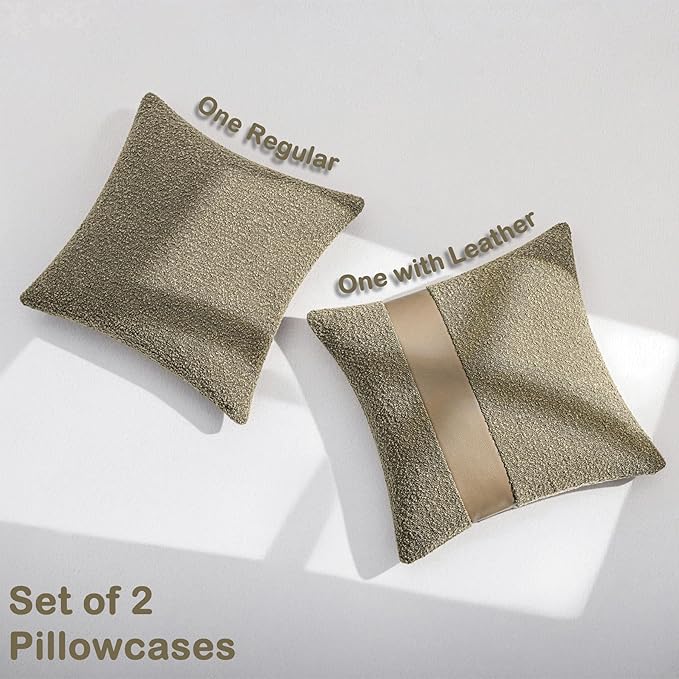 18"x18" Moss Green Boucle Throw Pillow Covers with Faux Leather Accents Set of 2 Fluffy Textured Decorative Pillow Cases for Couch Bed Boho Farmhouse Neutral Cushion Covers for Nordic Home