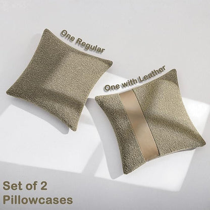 18"x18" Moss Green Boucle Throw Pillow Covers with Faux Leather Accents Set of 2 Fluffy Textured Decorative Pillow Cases for Couch Bed Boho Farmhouse Neutral Cushion Covers for Nordic Home