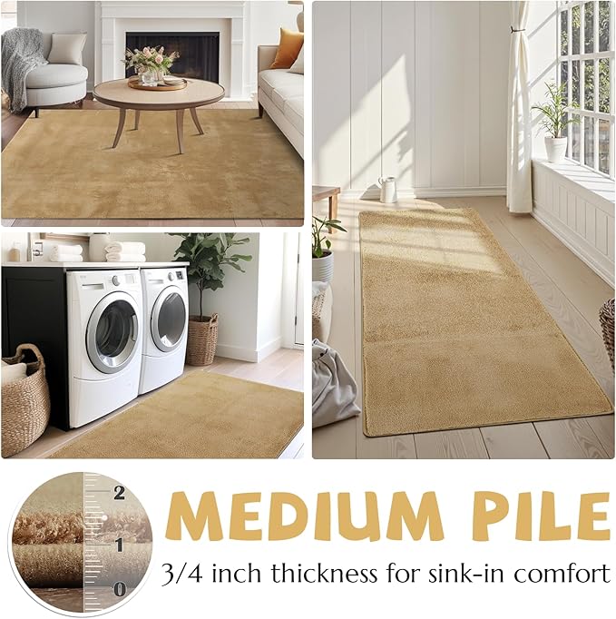 jinchan Solid Plush Runner Rug 2x6 Performance Shaggy Washable Hallway Rug Soft Modern Faux Wool Cozy Non Slip Carpet for Bedroom Laundry Room Living Room Kids Nursery Tan