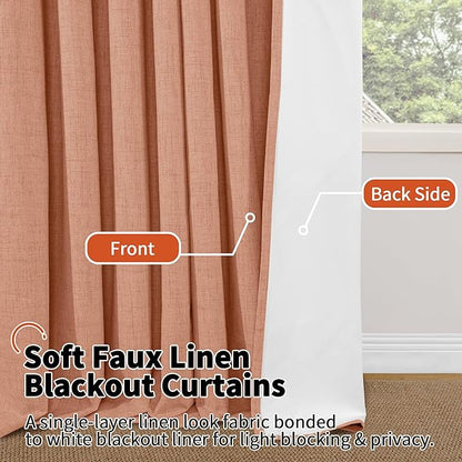 Lajode Terracotta 100% Linen Blackout Fall Curtains for Bedroom 95 Inch Long 52 Wide, Extra Long Thermal Insulated Light Blocking Curtains, Noise Refusing Window Drape Each 52x95 Inch 2 Panels