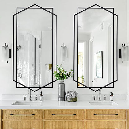 28"x 55" Decorative Mirror for Living Room with Hexagon and Rectangular Metal Frame, Entryway Mirror for Wall Decor, Vertical or Horizontal Hanging, Black