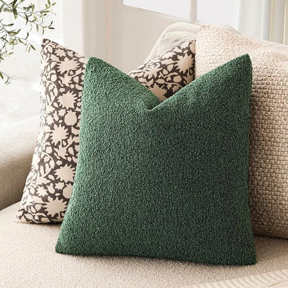 Foindtower Pack of 2 Textured Boucle Throw Pillow Covers Neutral Accent Solid Decorative Pillow Cases Cozy Woven Couch Cushion Case for Sofa Bedroom Living Room Home Decor 20x20 Inch Pine Green