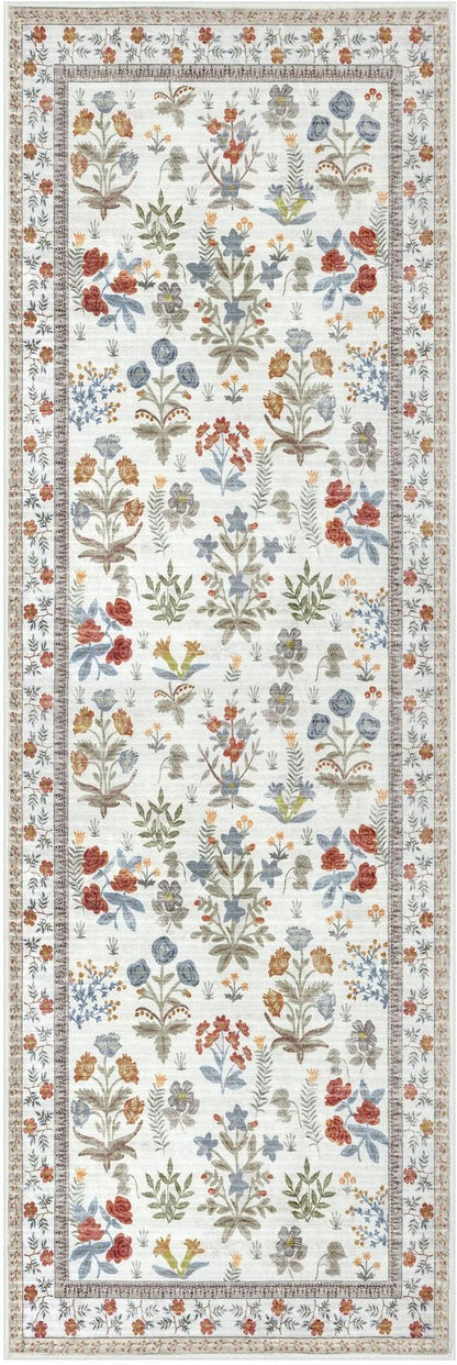 Boho Floral Machine Washable Runner Rug 2x6, Ivory Kitchen Runner Rug Non-Slip, Super Thin Hallway Rug Runner Printed Faux Wool Soft Carpet for Entryway Bedroom Laundry Room Indoor