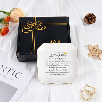 Daughter Gifts Ring Jewelry Dish Tray - Christmas Valentines Mother's Day Wedding Birthday Gifts for Daughter from Mom - You Are God's Gift to Me... You're Brever Stronger Smarter Loved