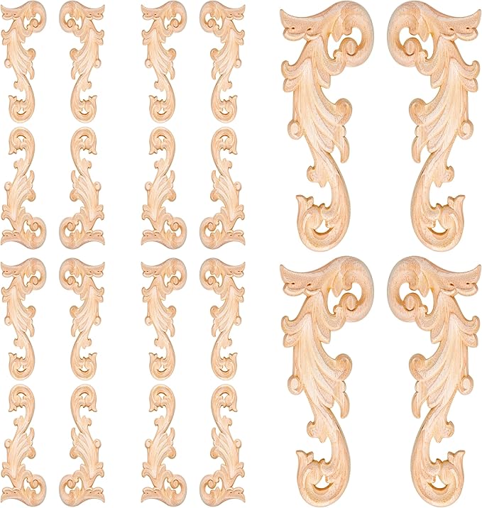 20 Pcs Wood Applique Corner Onlay Decorative Wood Applique DIY Wooden Carved Corner Unpainted Wooden Carved Decals Carving Decal for Furniture Wall Cupboard Bed Cabinet(Stylish Style)