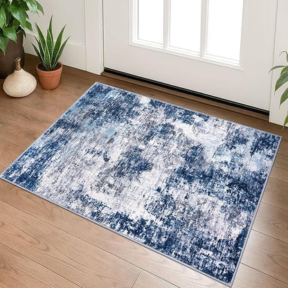 Modern Abstract Entryway Rug Indoor 2x3 Washable Non-Slip, Soft Grey Navy Blue Rug, Small Area Rug Kitchen Mat Thin Print Faux Wool Floor Carpet for Entrance Bedroom Office