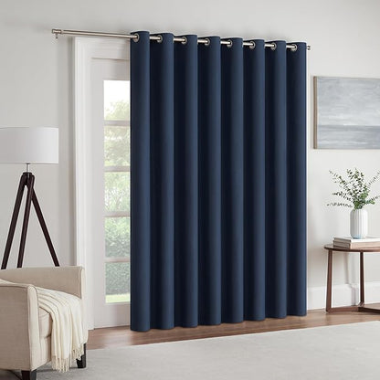 Eclipse Extra Wide Grommet Curtain, Kendall Sliding Patio Door Curtain Panel, Solid Textured Thermal Insulated and Noise Reducing Curtains, (1 Panel), 84 in Long x 100 in Wide, Denim Blue