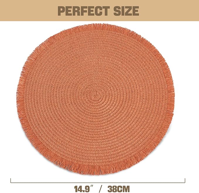 15 Inch Set of 6 Round Woven Placemats Braided Paper Heat Resistant Table Mats with Tassel Boho Indoor Outdoor Table Placemats for Dining Tables Tangerine Red