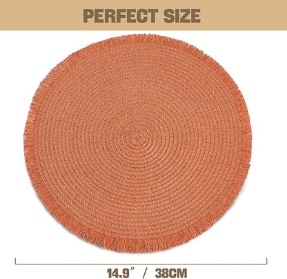 15 Inch Set of 6 Round Woven Placemats Braided Paper Heat Resistant Table Mats with Tassel Boho Indoor Outdoor Table Placemats for Dining Tables Tangerine Red