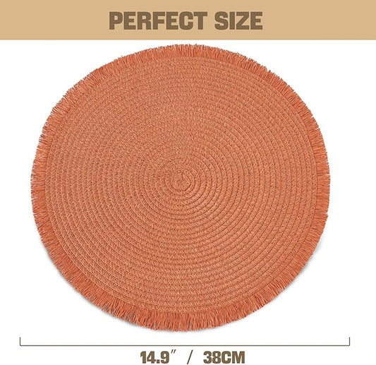 15 Inch Set of 6 Round Woven Placemats Braided Paper Heat Resistant Table Mats with Tassel Boho Indoor Outdoor Table Placemats for Dining Tables Tangerine Red