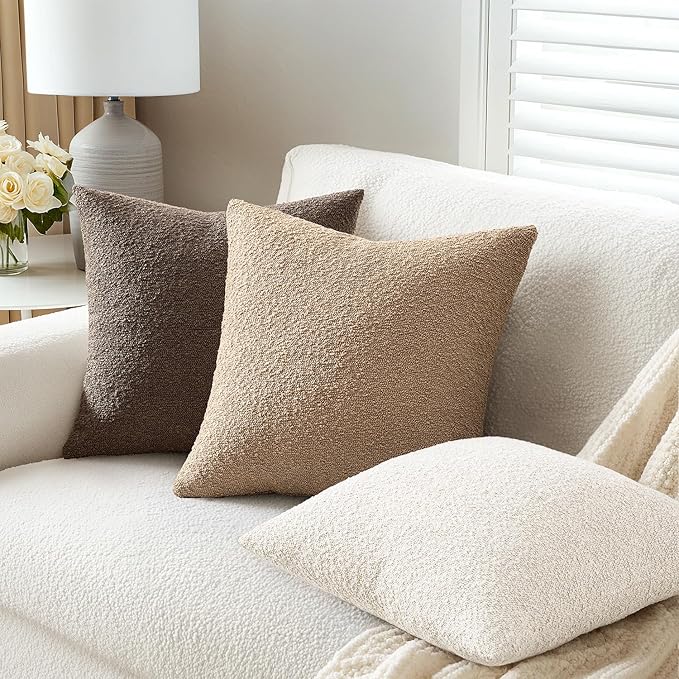 ANRODUO Pack of 2 Textured Boucle Throw Pillow Covers Soft White Decorative Accent Solid Pillow Cases Cozy Modern Couch Cushion Case for Chair Sofa Bedroom Living Room Spring Home Decor, 20 x 20 Inch