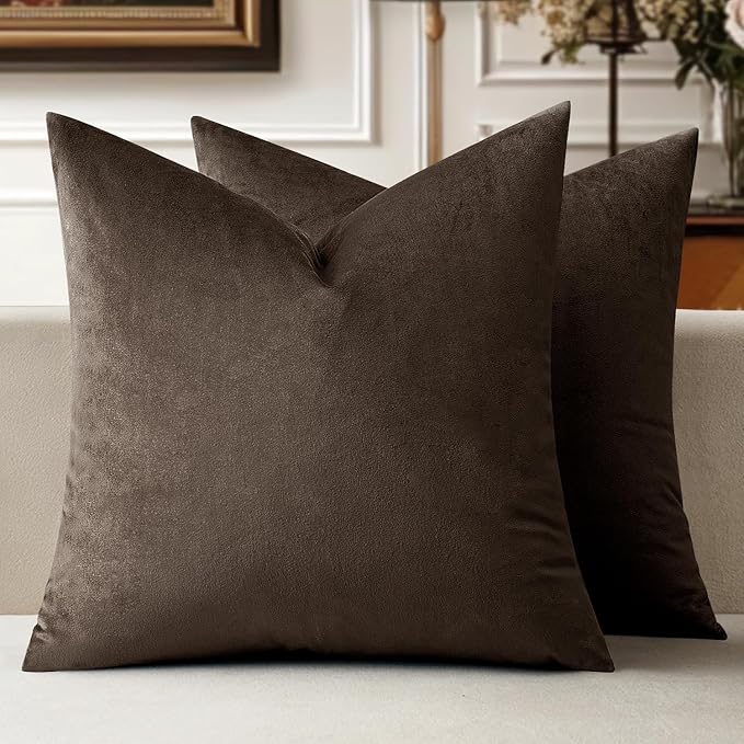 MIULEE Velvet Throw Pillow Covers 18x18 Inch, Pack of 2 - Dark Coffee, Super Soft Decorative Square Cushion Cases Modern Luxury Home Decor for Sofa,Couch,Bed,Chair
