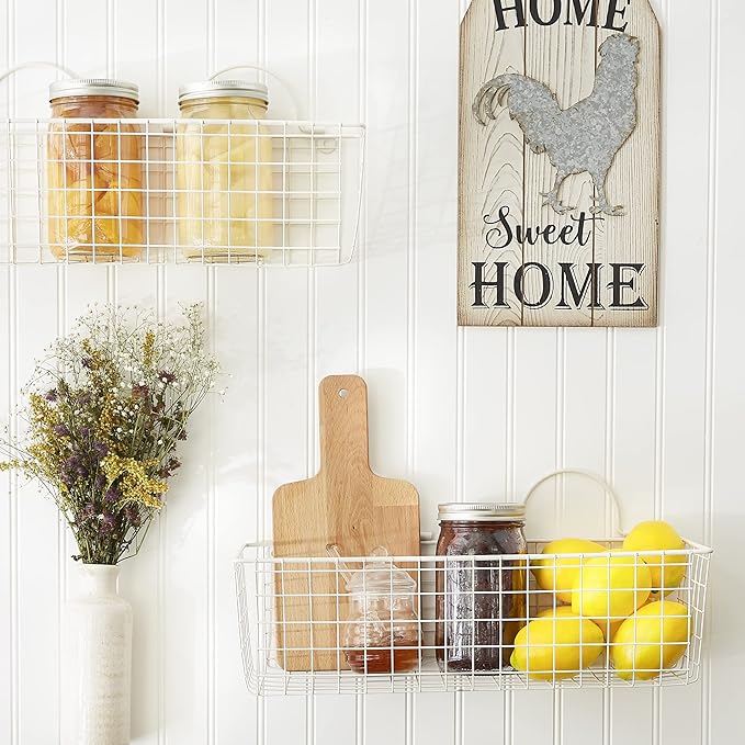 DII Farmhouse Vintage Decor, Wire Wall Basket, Medium, Antique White, 2 Piece