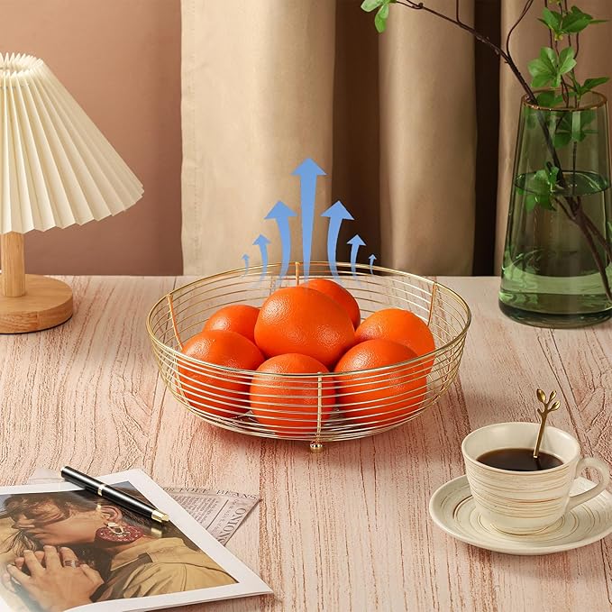 IBWell® Gold Fruit Bowl for Kichen Countertop, Round Wire Fruits Breads Vegetables Snacks Canddy Basket - 11.5"x3.4"(DxH)