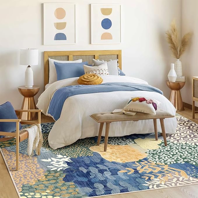 DEXDE 8x10 Area Rug, Soft Washable Abstract Area Rugs Non-Slip Vintage Boho Rug Leaves Floral Print Carpet for Living Room, Bedroom, Entryway, Office, Dining Room, Kids Playroom,Blue