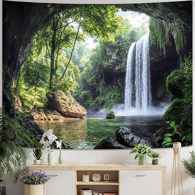 kampdream Landscape Tapestry, Scenery Art Wall Tapestries, Nature Wall Decor for Bedroom Living Room Backdrop Cave Waterfall 36×48 inches