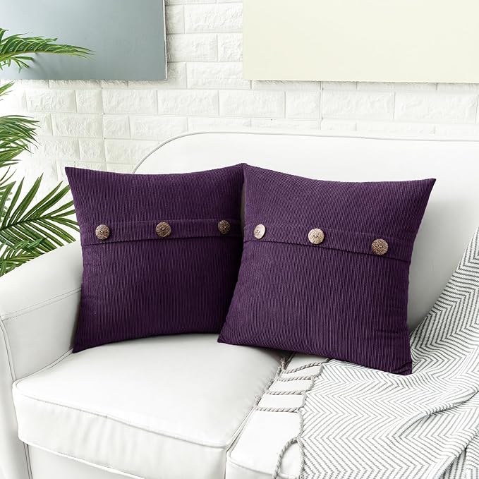 HWY 50 Purple Chenille Throw Pillow Covers 18x18 Inch with Triple Buttons, Soft Farmhouse Accent Decorative Cushion Cases for Couch Sofa Bed Living Room Bedroom Pack of 2