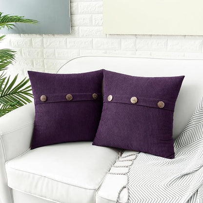 HWY 50 Purple Chenille Throw Pillow Covers 18x18 Inch with Triple Buttons, Soft Farmhouse Accent Decorative Cushion Cases for Couch Sofa Bed Living Room Bedroom Pack of 2