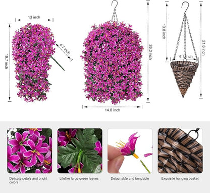 Artificial Flowers Plants for Outdoor with Basket, 4PCS Silk Hanging Faux Flowers Long Trailing Vines for Outside Home Porch Patio Decoration, Fuchsia