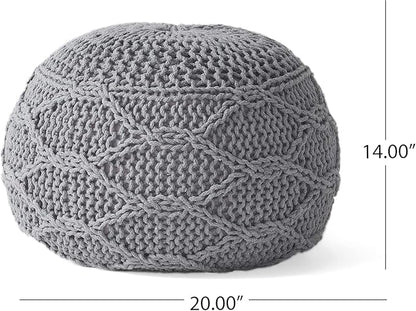 Knitted Cotton Round Pouf - 20x20, Modern Design, Soft Cotton, No Assembly, Porch Ottoman for Living Room, Gray, Ivory (Pouf - Gray)