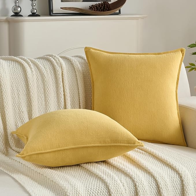 FUTEI Mustard Yellow Chenille Throw Pillow Covers 20x20 Inch Set of 2,Edges Double-Stitched Cushion Cases,Modern Home Decor for Couch Living Room
