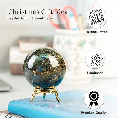 Crocon 50mm Labradorite Stone Sphere Ball with Metal Stand 1400+ Carats Gemstone Ball Healing Sphere Sculpture Figurine for Fengshui Divination Home Decoration Photography Crystal Sphere