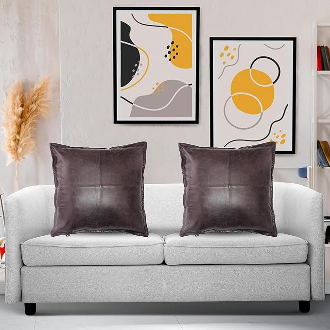 LL LEATHER LOVERS Lambskin Leather Pillow Cover - Sofa Cushion Case - Decorative Throw Covers for Living Room & Bedroom, 16x16 Inches - Dark Brown Box (01) Pack of 2