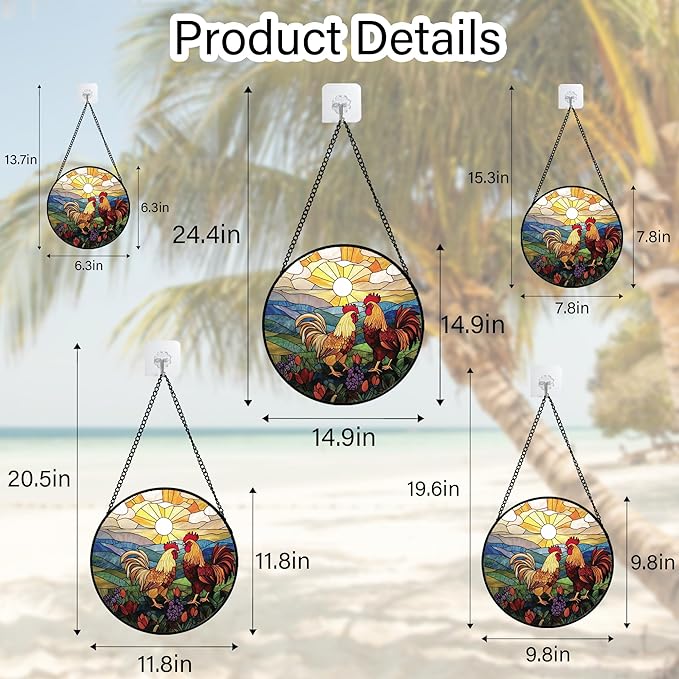 Stained Glass Window Hanging, Countryside Scenery Chicken Sun Catcher for Door Home Decor Sunrise Suncatcher Christmas Mother's Day Birthday Gifts for Women Men Mom Nana 6.3 in