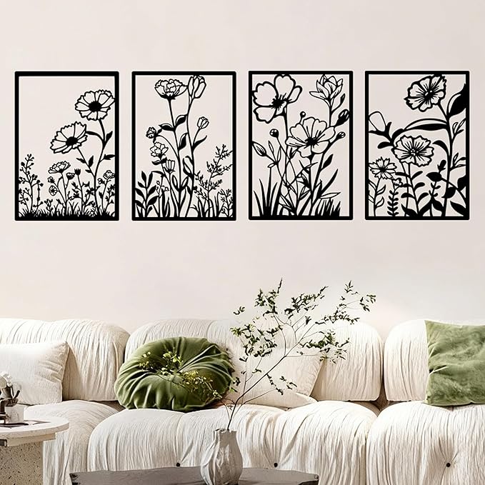 ATSKIM 4 Pieces Black Metal Flowers Wall Decor, Abstract Wall Art Hanging Sculpture Minimalist Bedroom Decor with Floral Line Design for Bedroom Living Room Bathroom, 15.7 x 11 In (Black)