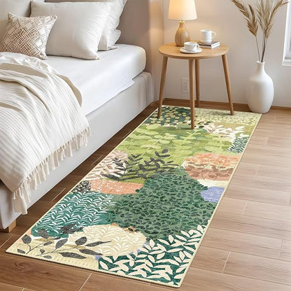 DEXDE Runner Rug 2x6 Washable Hallway Boho Soft Green Area Rugs Abstract Long Non Slip Botanical Leaves Floral Print Carpet for Entryway, Kitchen, Laundry, Bathroom, Bedroom