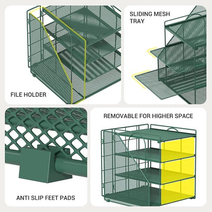 Desk File Organizer and Accessories, 4-Tier Paper Organizer with Vertical File Holder, Office Desk Accessories & Workspace Organizers and Storage for Office Supplies (Green)