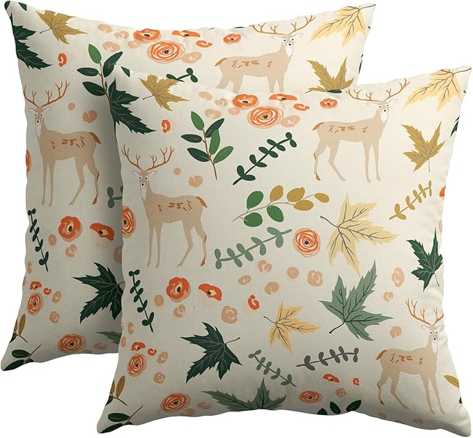 Deer Fall Pillow Covers 22x22 Set of 2 Green Cream Maple Leaf Autumn Outdoor Christmas Pillows Case Animal Print Pattern Decorative Xmas Cushion Cover Rustic Decoration Farmhouse Sofa Couch Bed Decor