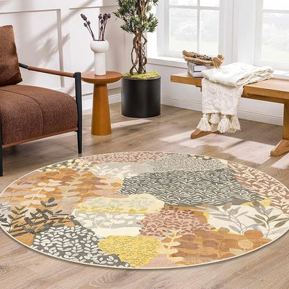 DEXDE Round Rug 5ft Washable Circle Area Rugs Non Slip Low Pile Boho Floral Large Circular Carpet for Bedroom Bathroom Entryway Kids Room Office Dining Room,Camel