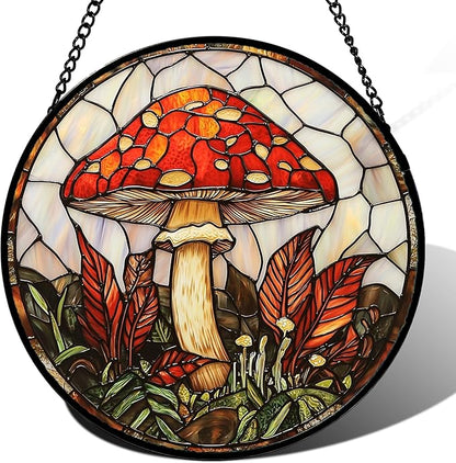 DASTOLL Stained Glass Window Hanging, Big Red Mushroom Suncatcher for Doors Home Sun Catchers Decoration and Christmas, Mother's Day Birthday Gifts for Women, Men, and Mom 14.9x14.9 in