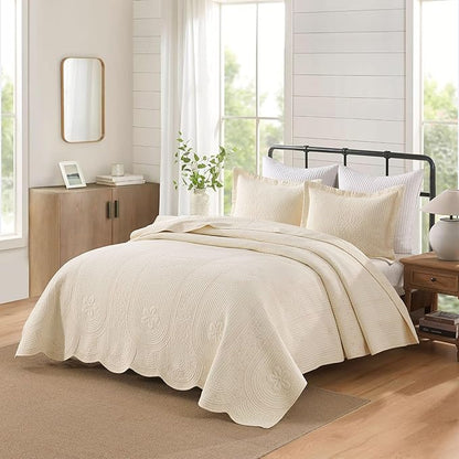 MarCielo 100% Cotton Quilt Set Lightweight Bedspread with Scalloped Edge, Farmhouse Vintage Bedding, All Season Use(Tu Beige,King (114"x102"))