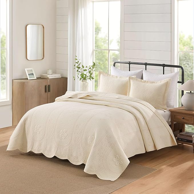 MarCielo 100% Cotton Quilt Set Lightweight Bedspread with Scalloped Edge, Farmhouse Vintage Bedding, All Season Use(Tu Beige,Queen (96"x102"))
