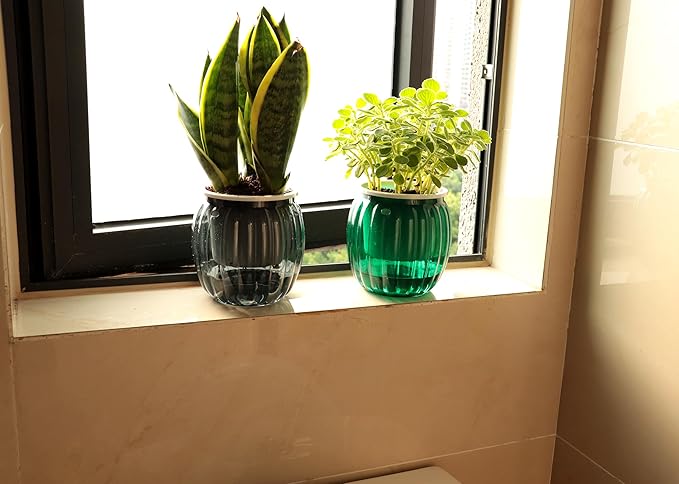 Meicynhoger 4-Pack Plastic Self-Watering Hanging Planter for Snake Plant,Succulents,African Violets - 4.3" Clear Flower/Plant Pot with Hooks for Indoor Outdoor,Table, Balcony, Wall,Garden Green